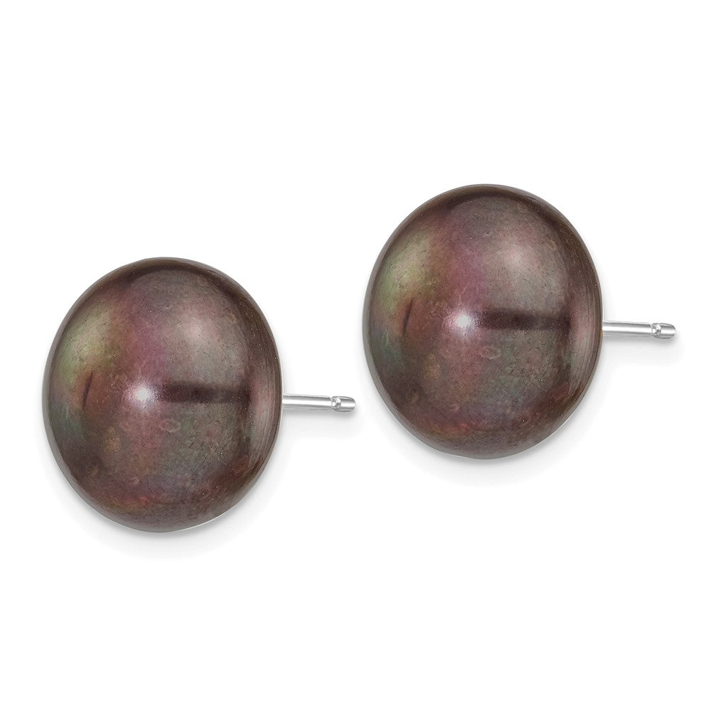 14k White Gold 12-13mm Black Button FW Cultured Pearl Stud Post Earrings