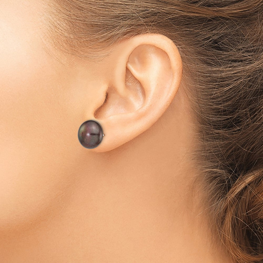 14k White Gold 12-13mm Black Button FW Cultured Pearl Stud Post Earrings