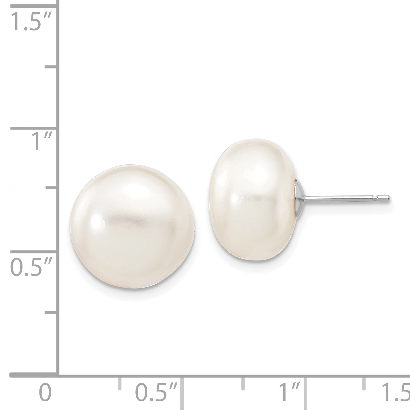 14k White Gold 12-13mm White Button Freshwater Cultured Pearl Stud Post Earrings