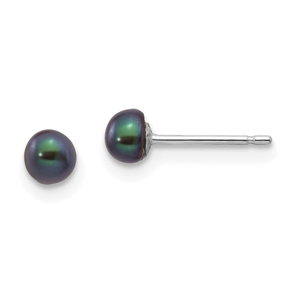 14k White Gold 3-4mm Black Button FW Cultured Pearl Stud Post Earrings