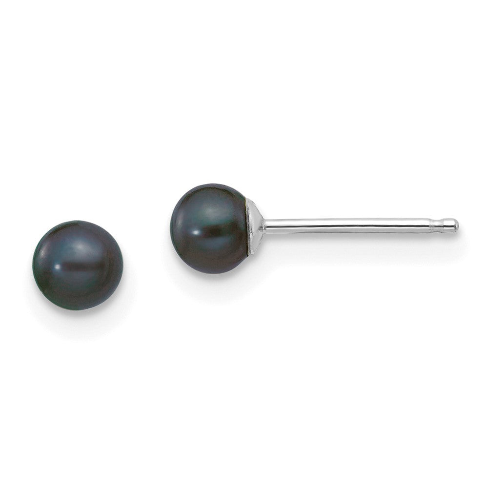 14k White Gold 3-4mm Black Round FW Cultured Pearl Stud Post Earrings