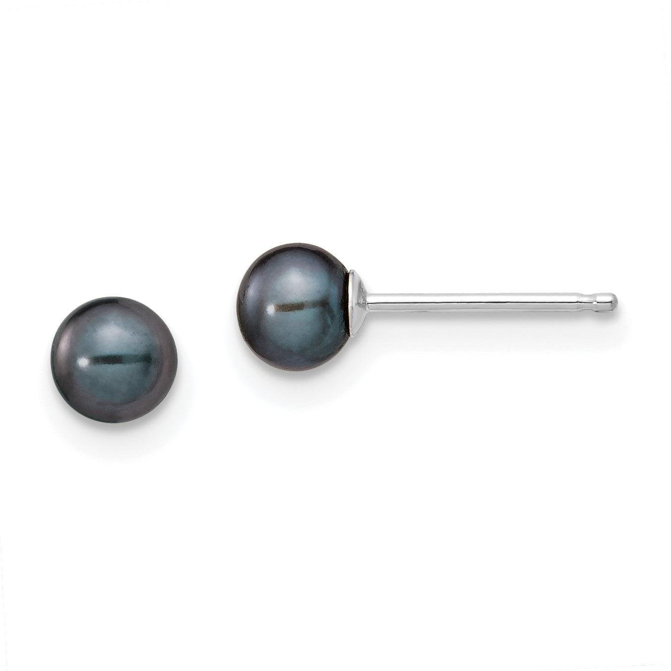 14k White Gold 4-5mm Black Round Freshwater Cultured Pearl Stud Post Earrings