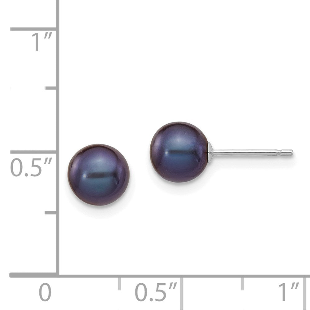 14k White Gold 6-7mm Black Round FW Cultured Pearl Stud Post Earrings