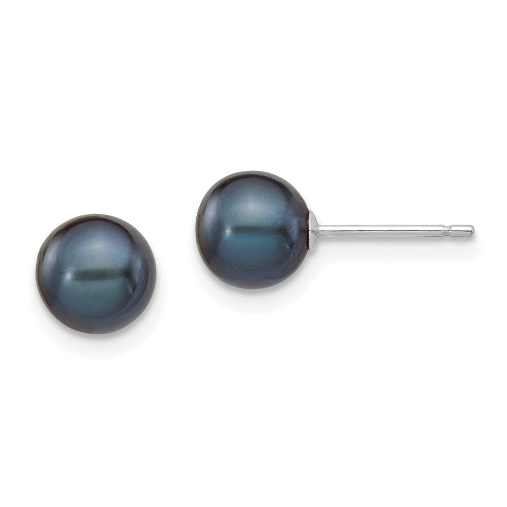 14k White Gold 6-7mm Black Round FW Cultured Pearl Stud Post Earrings