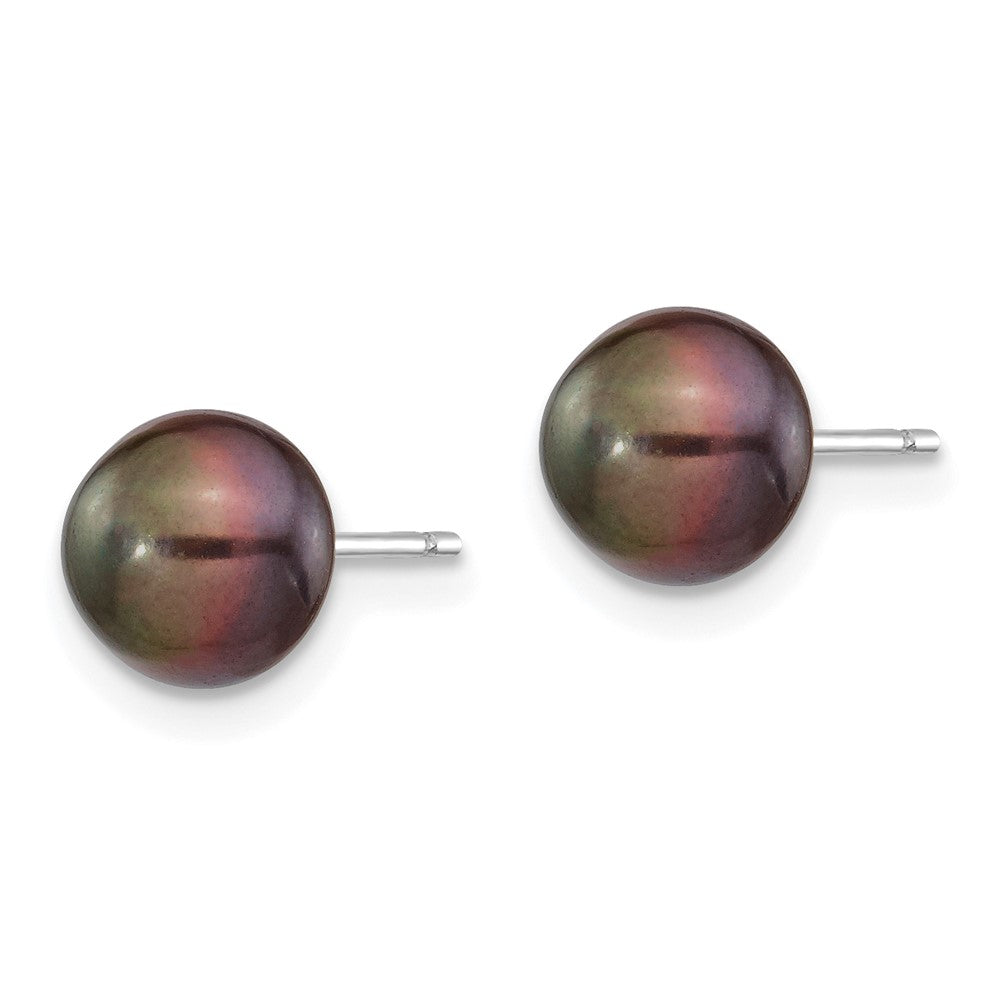 14k White Gold 7-8mm Black Button FW Cultured Pearl Stud Post Earrings