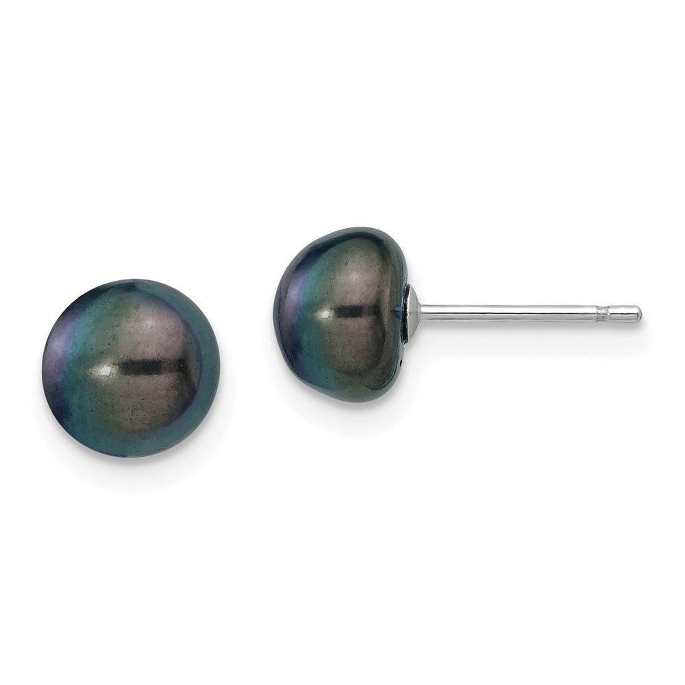 14k White Gold 7-8mm Black Button FW Cultured Pearl Stud Post Earrings