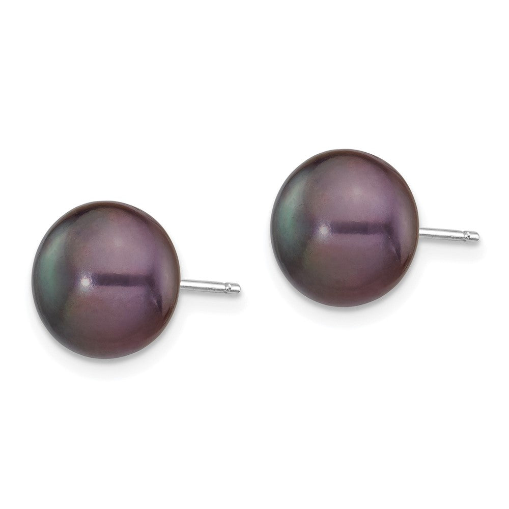 14k White Gold 9-10mm Black Button FW Cultured Pearl Stud Post Earrings