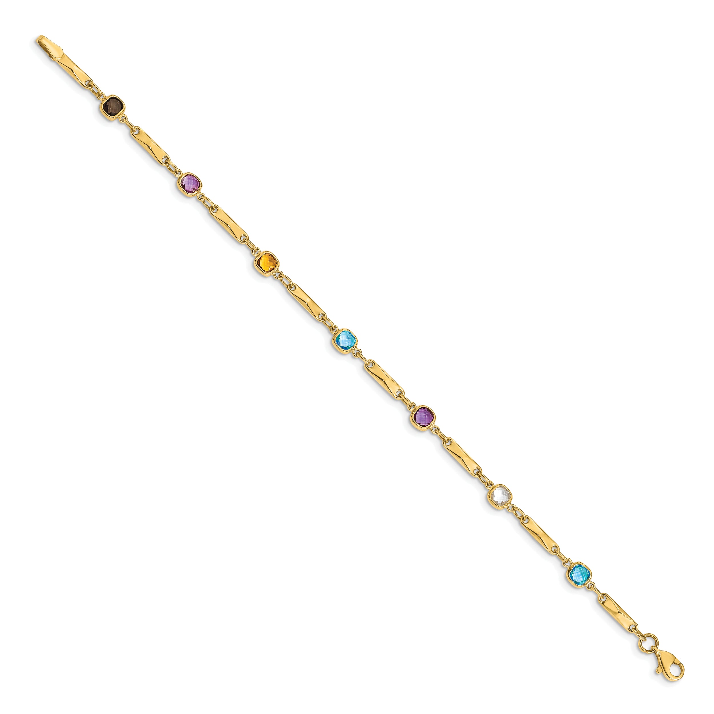 14K Complete Cushion-cut Sky Blue Topaz/White Quartz/Smoky Quartz/Amethyst/Citrine Fancy Link 7 inch Rainbow Bracelet
