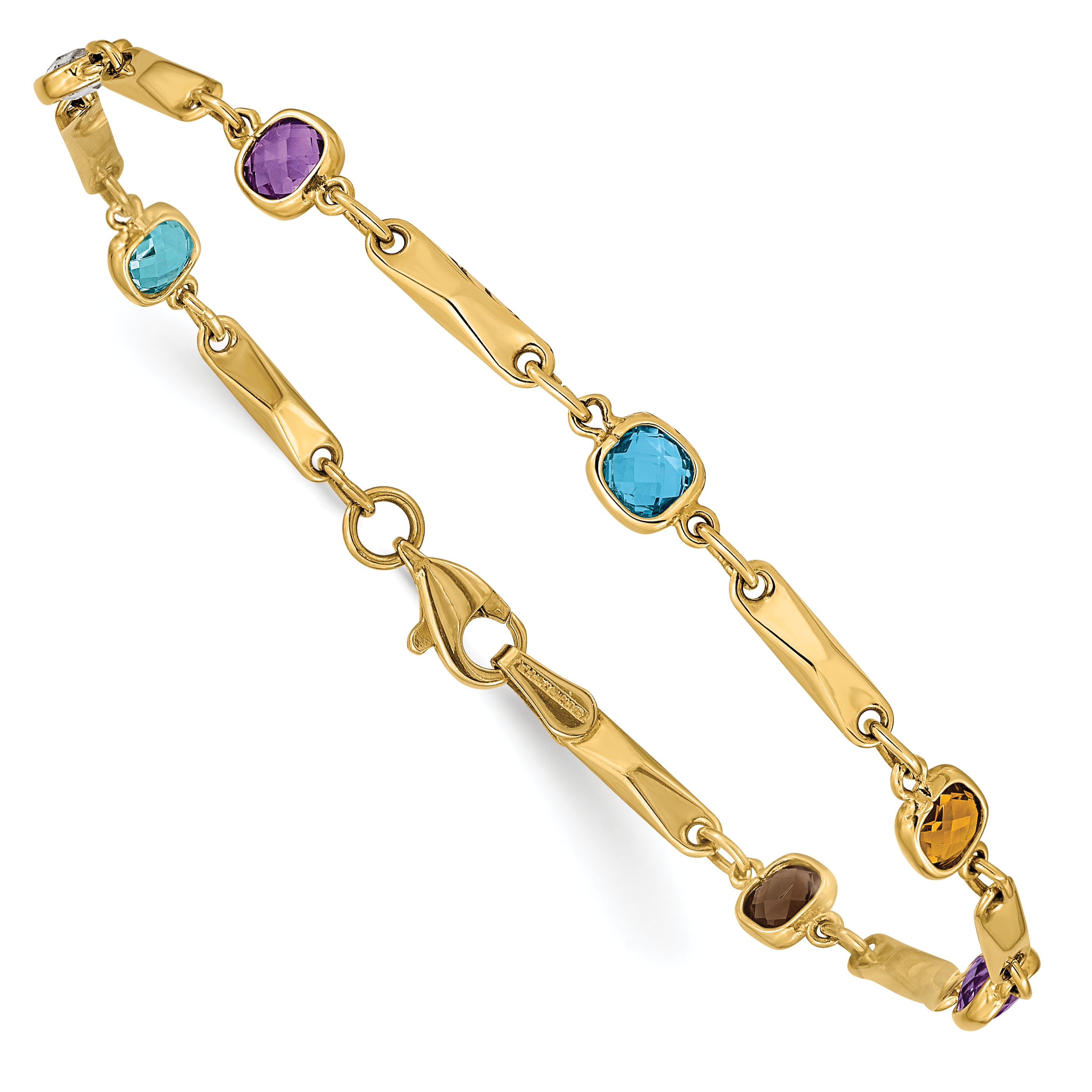 14K Complete Cushion-cut Sky Blue Topaz/White Quartz/Smoky Quartz/Amethyst/Citrine Fancy Link 7 inch Rainbow Bracelet