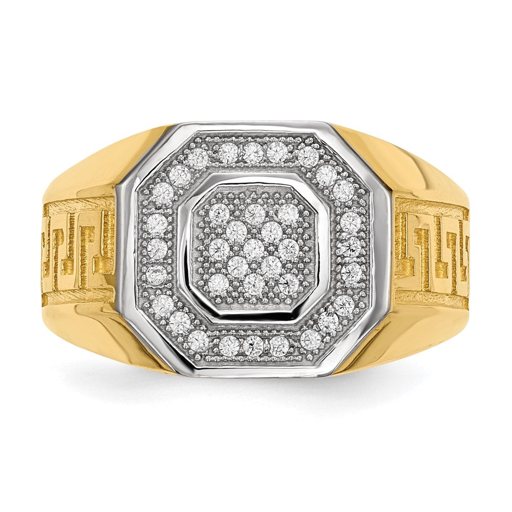 14kw/ Rhodium Mens Micro Pave CZ Octagon & Greek Key Ring