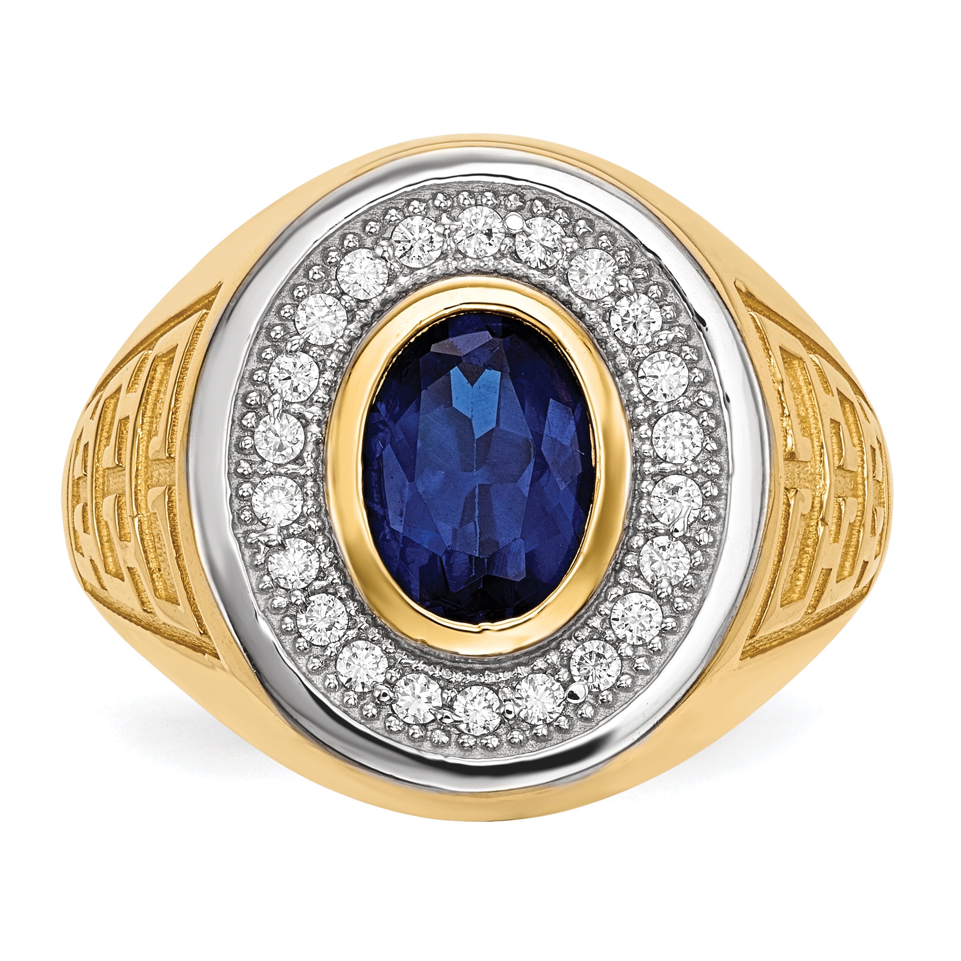 14k w/ Rhodium CZ & Oval Blue CZ Mens Ring