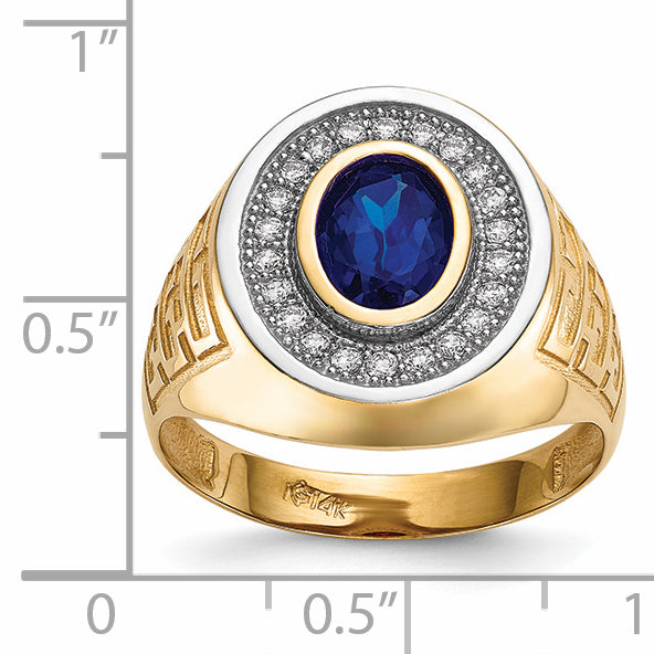 14k w/ Rhodium CZ & Oval Blue CZ Mens Ring