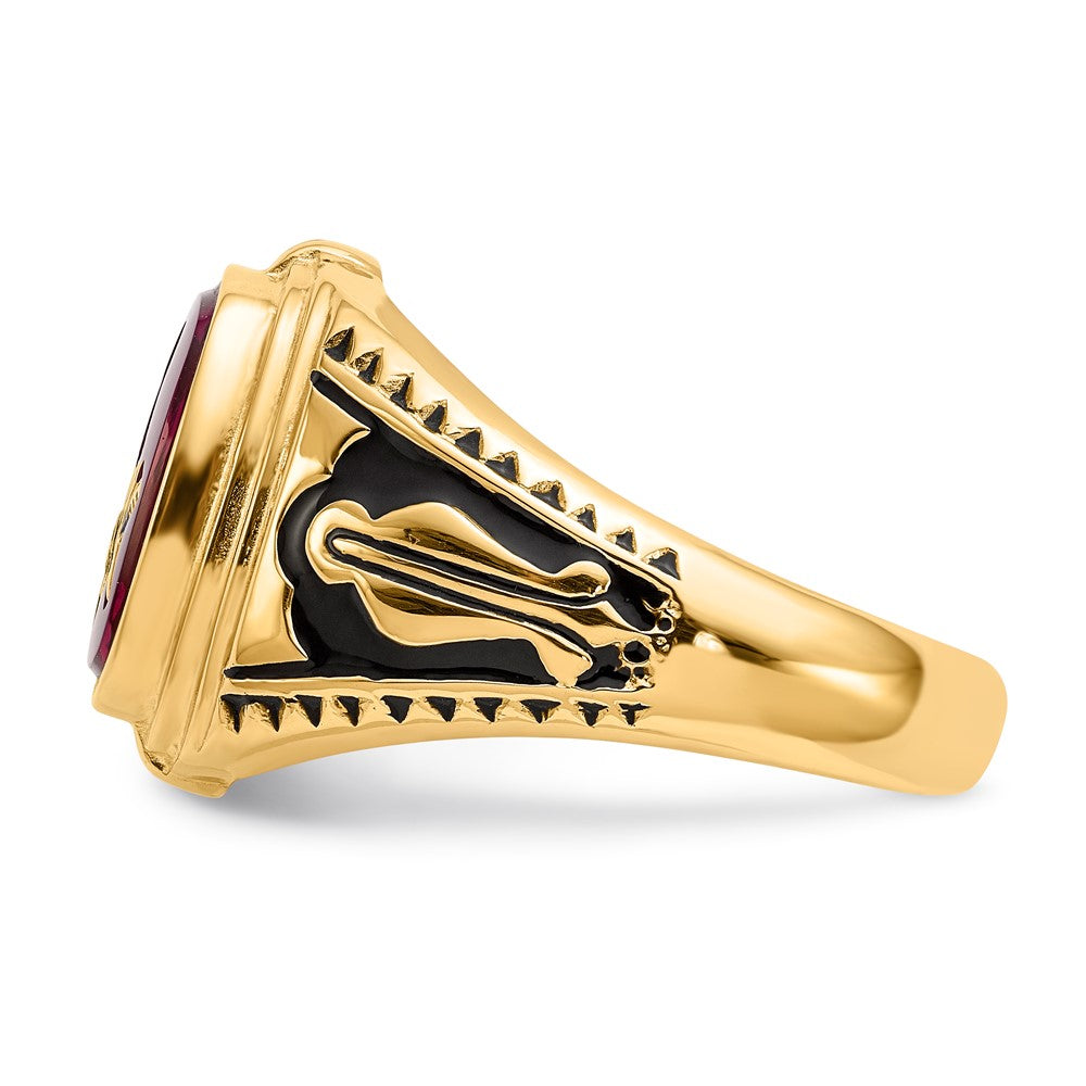 14k Men's Polished and Textured with Black Enamel and Lab Created Ruby Masonic Ring