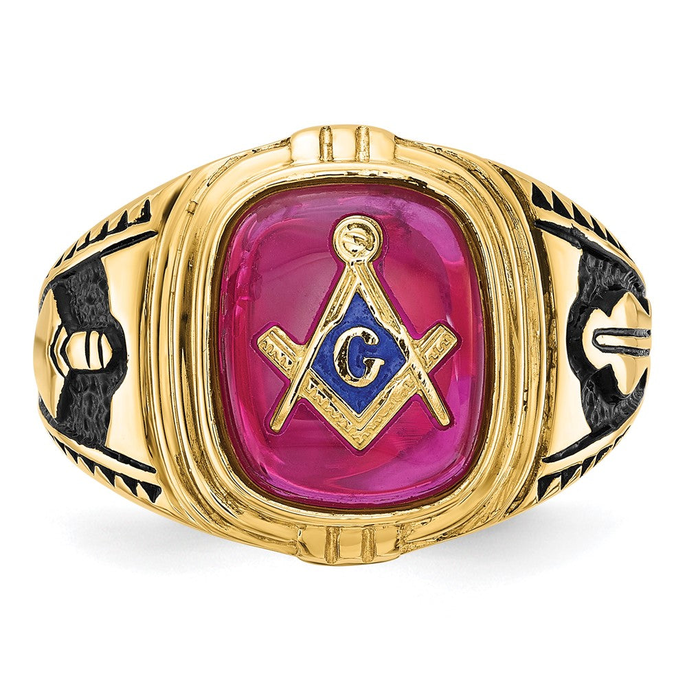 14k Men's Polished and Textured with Black Enamel and Lab Created Ruby Masonic Ring