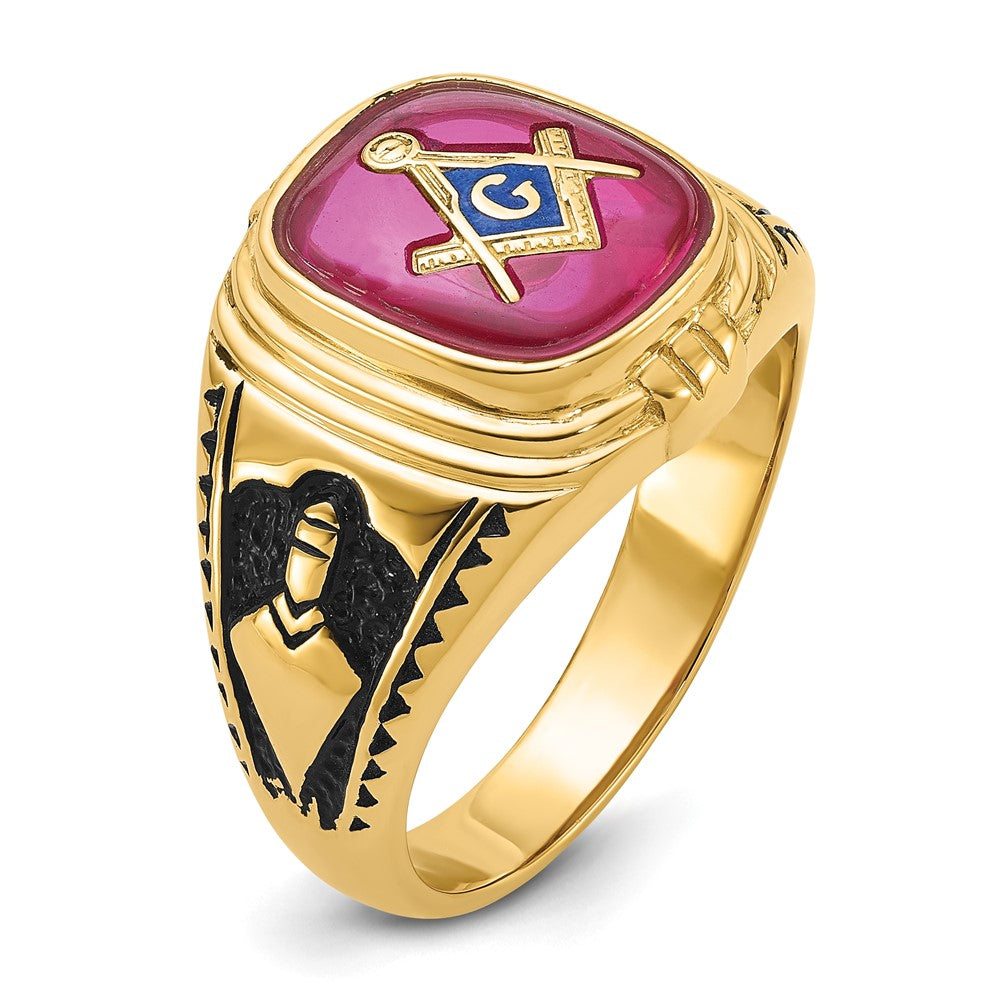 14k Men's Polished and Textured with Black Enamel and Lab Created Ruby Masonic Ring