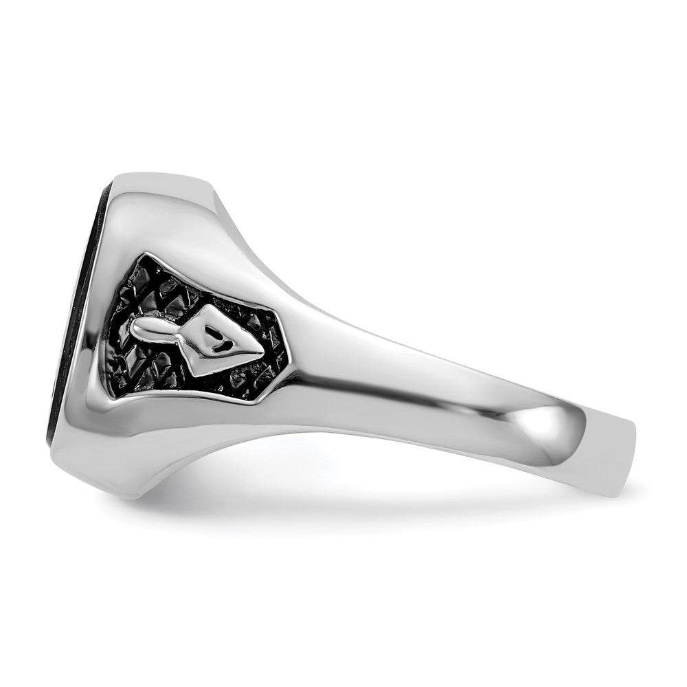 14k White Gold Men's Polished and Textured with Black Enamel and Onyx Masonic Ring