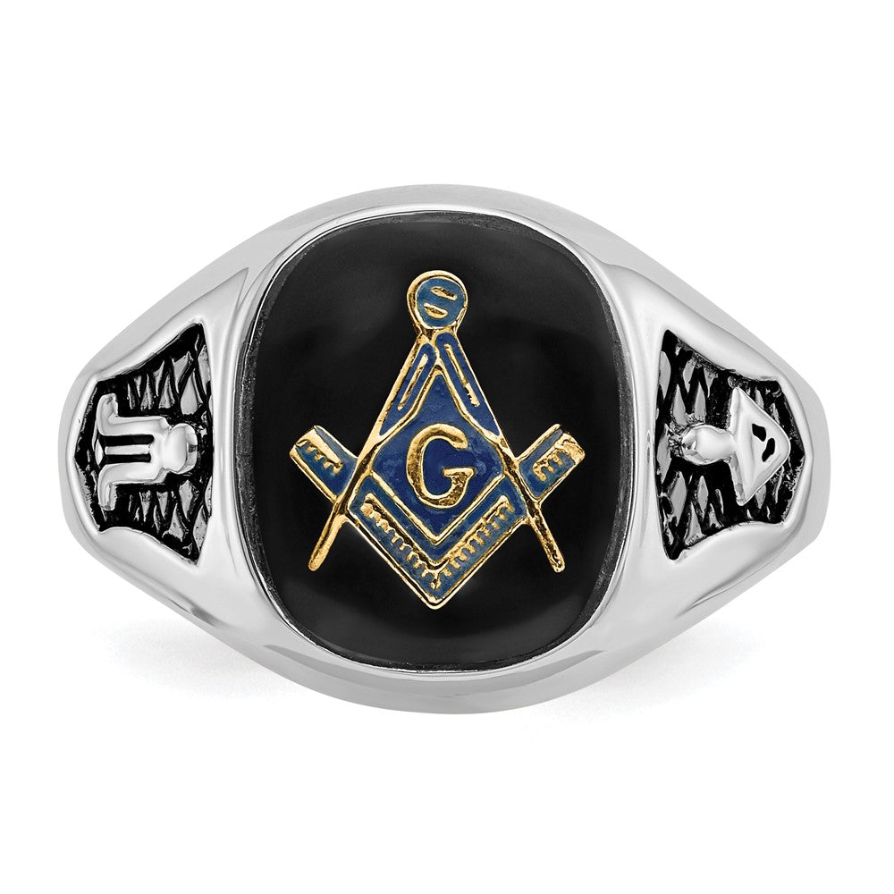 14k White Gold Men's Polished and Textured with Black Enamel and Onyx Masonic Ring