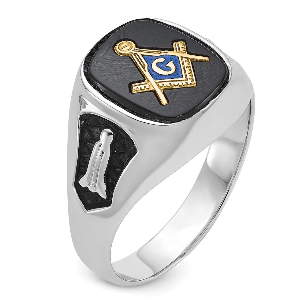 14k White Gold Men's Polished and Textured with Black Enamel and Onyx Masonic Ring