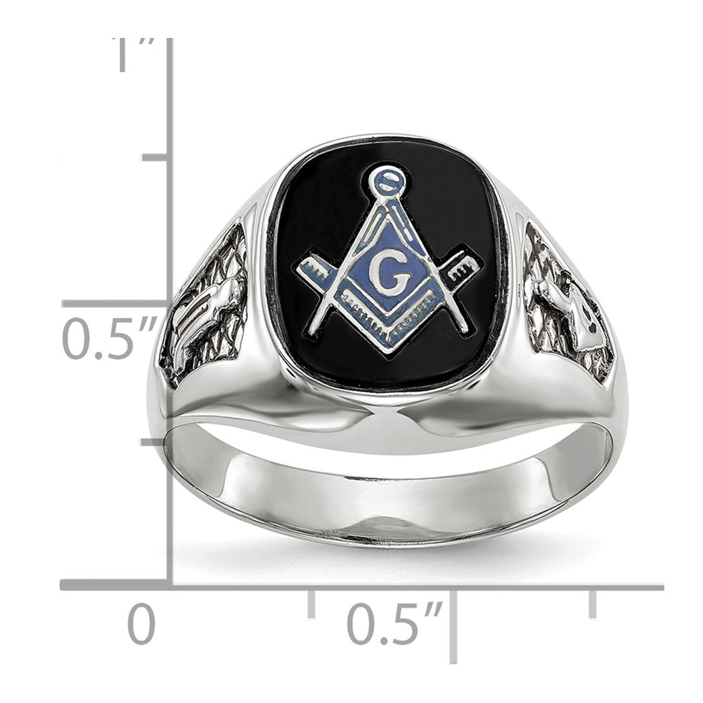 14k White Gold Men's Polished and Textured with Black Enamel and Onyx Masonic Ring