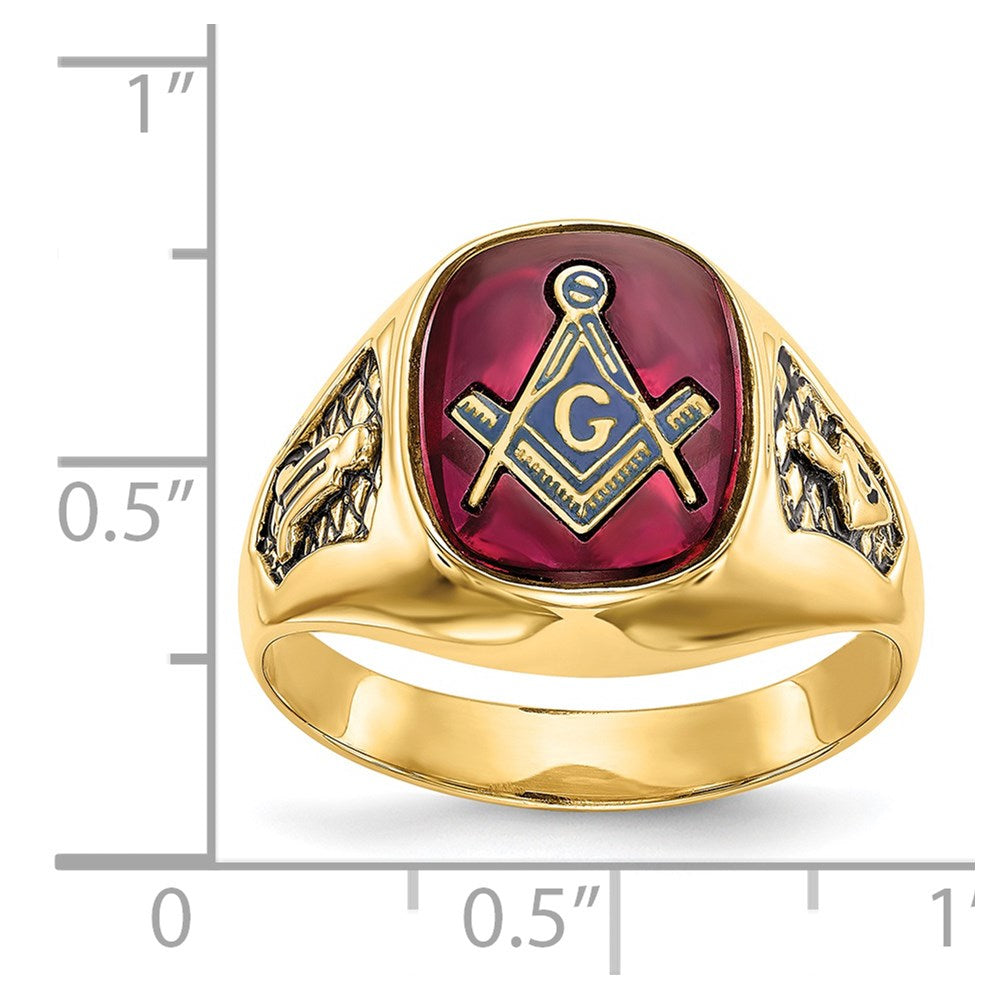 14k Men's Polished and Textured with Black Enamel and Lab Created Ruby Masonic Ring