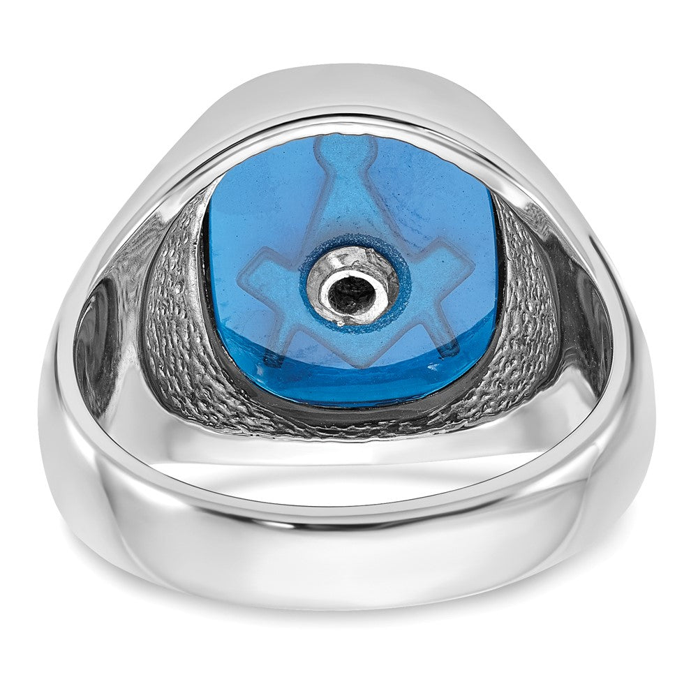 14k White Gold Men's Polished and Textured with Black Enamel and Imitation Blue Spinel Masonic Ring