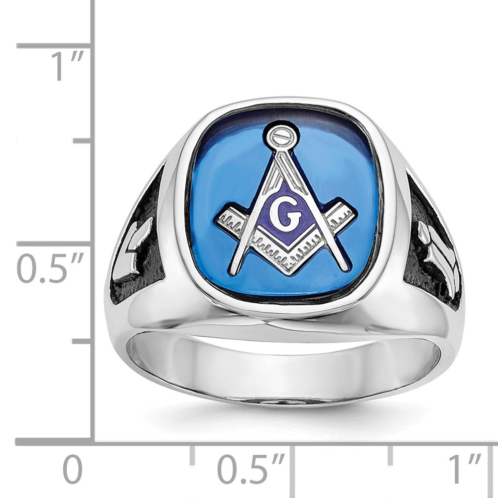 14k White Gold Men's Polished and Textured with Black Enamel and Imitation Blue Spinel Masonic Ring