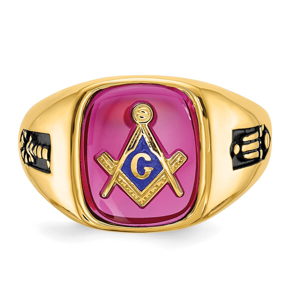 14k Men's Polished and Textured with Black Enamel and Lab Created Ruby Masonic Ring