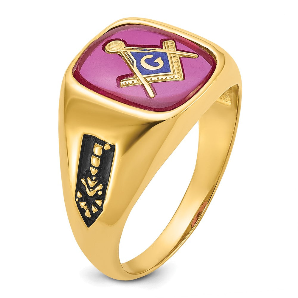 14k Men's Polished and Textured with Black Enamel and Lab Created Ruby Masonic Ring