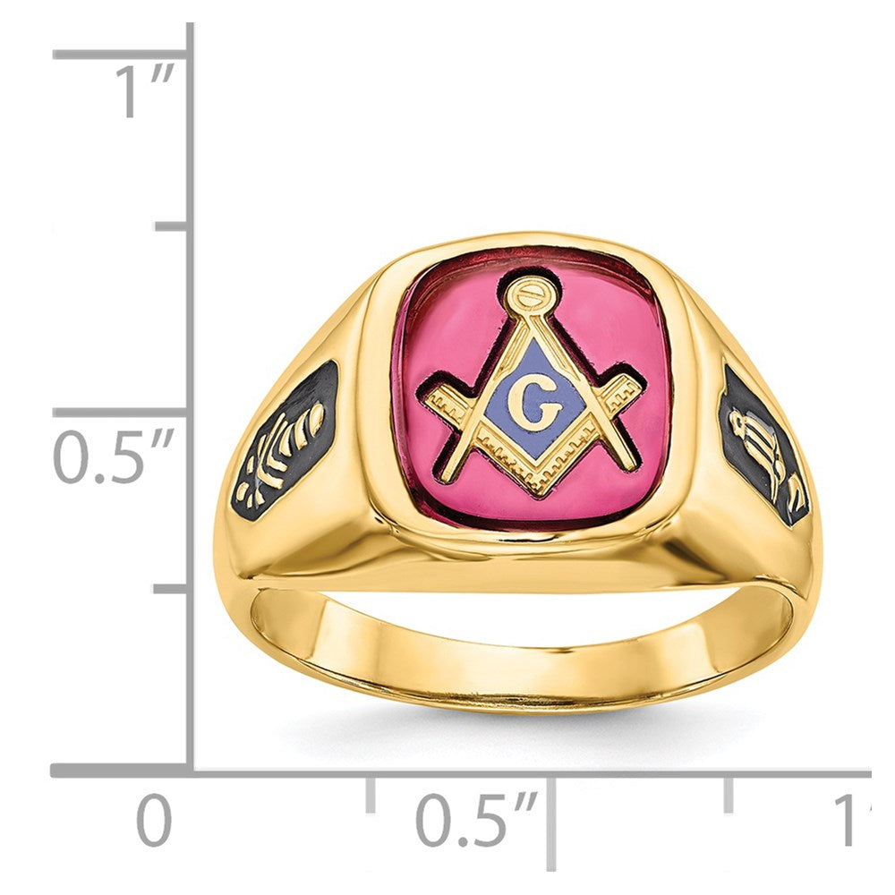 14k Men's Polished and Textured with Black Enamel and Lab Created Ruby Masonic Ring