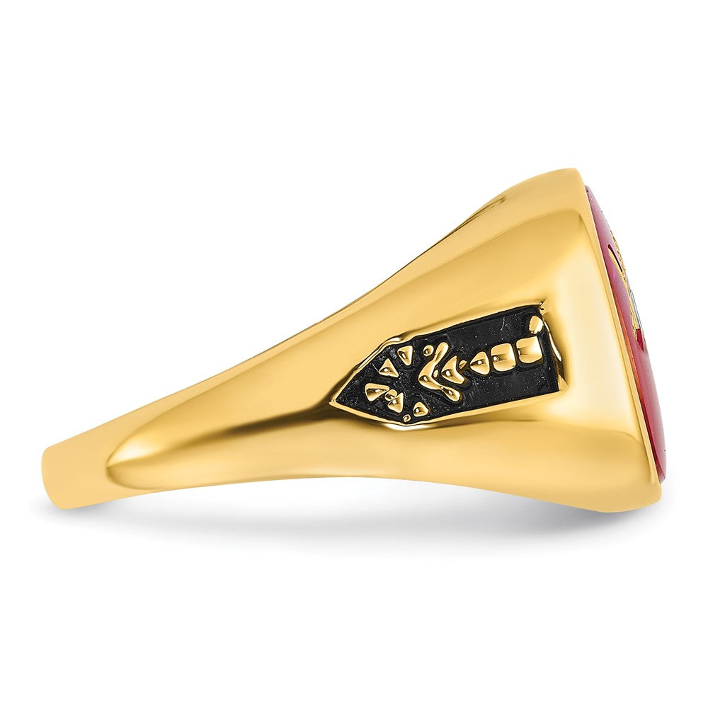 14k Men's Polished and Textured with Black Enamel and Lab Created Ruby Masonic Ring