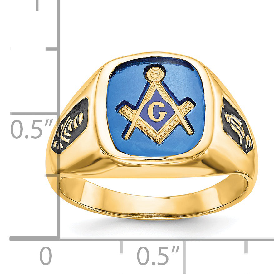 14k White Gold Men's Polished and Grooved with Black Enamel and Imitation Blue Spinel Masonic Ring