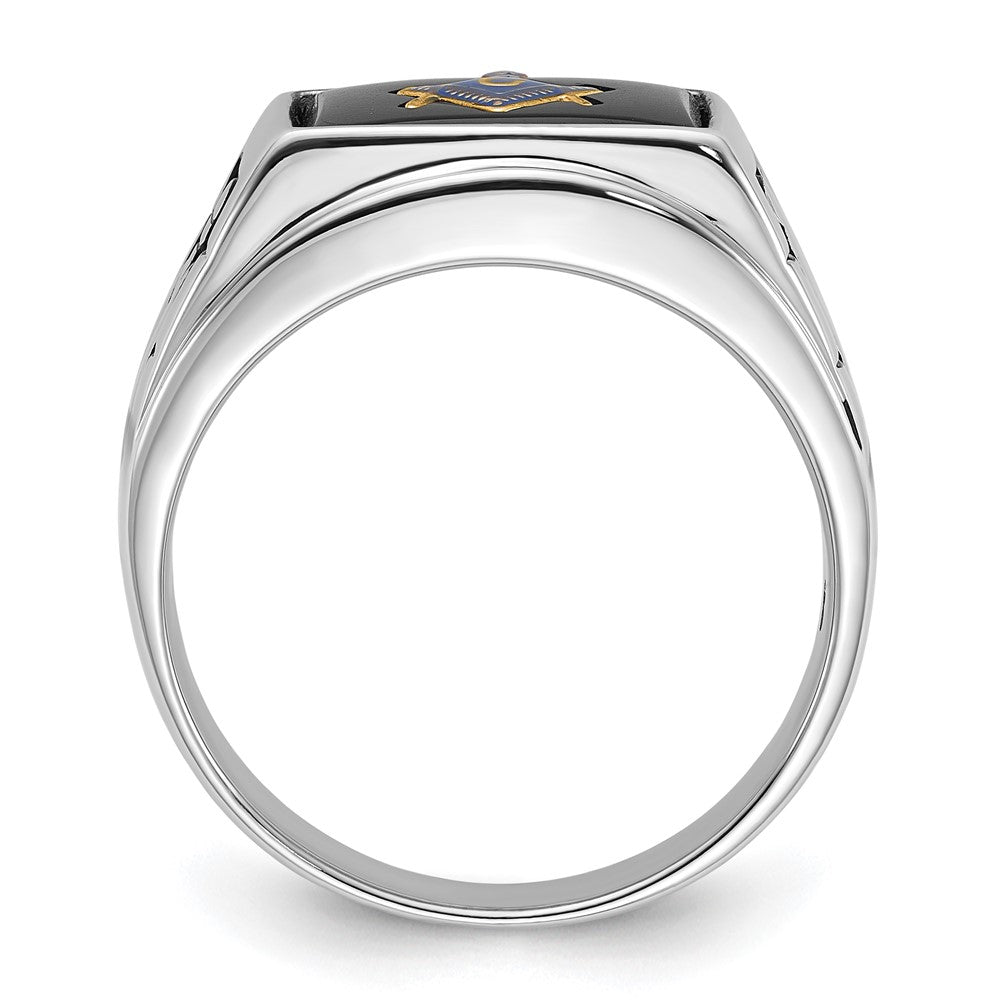 14k White Gold Men's Polished and Textured with Black Enamel and Onyx Masonic Ring