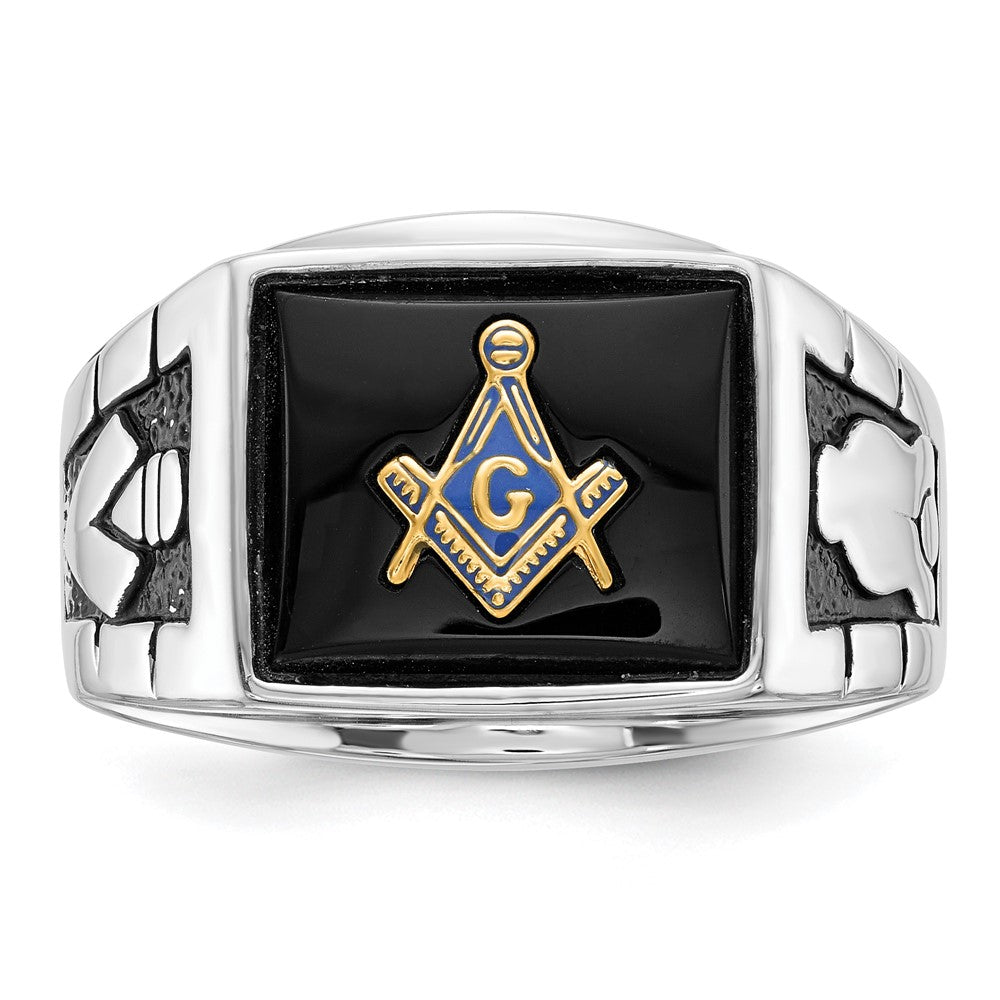 14k White Gold Men's Polished and Textured with Black Enamel and Onyx Masonic Ring