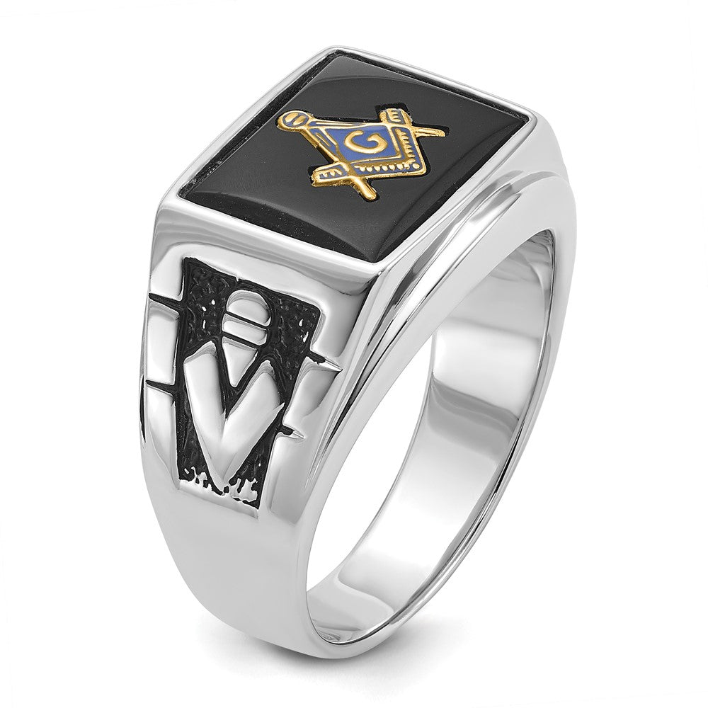 14k White Gold Men's Polished and Textured with Black Enamel and Onyx Masonic Ring