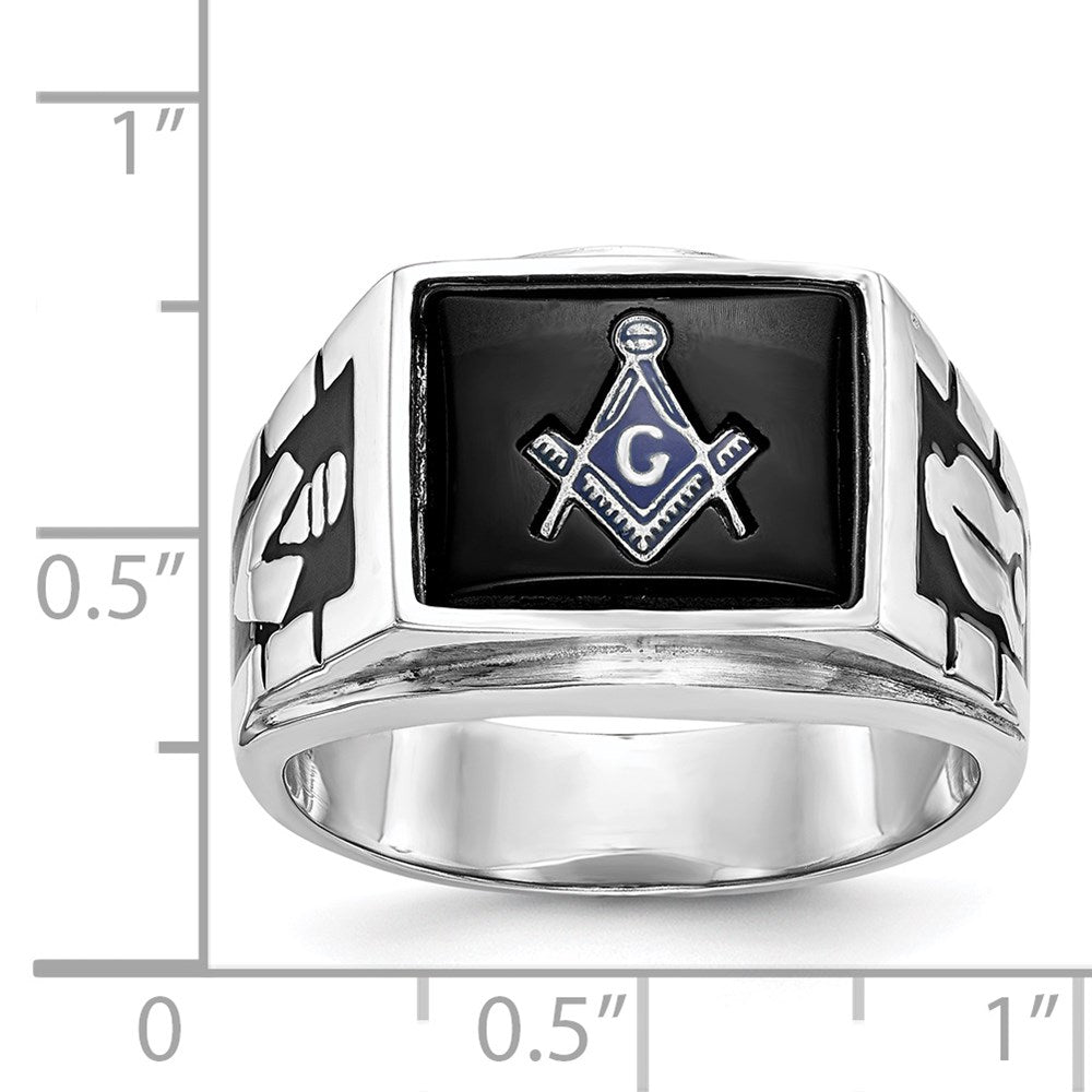 14k White Gold Men's Polished and Textured with Black Enamel and Onyx Masonic Ring