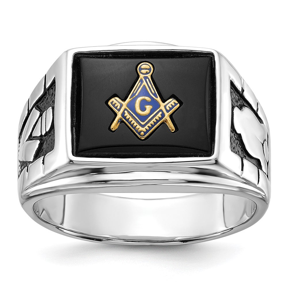 14k White Gold Men's Polished and Textured with Black Enamel and Onyx Masonic Ring