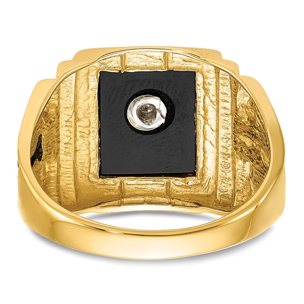 14k Men's Polished and Textured with Black Enamel and Onyx Masonic Ring
