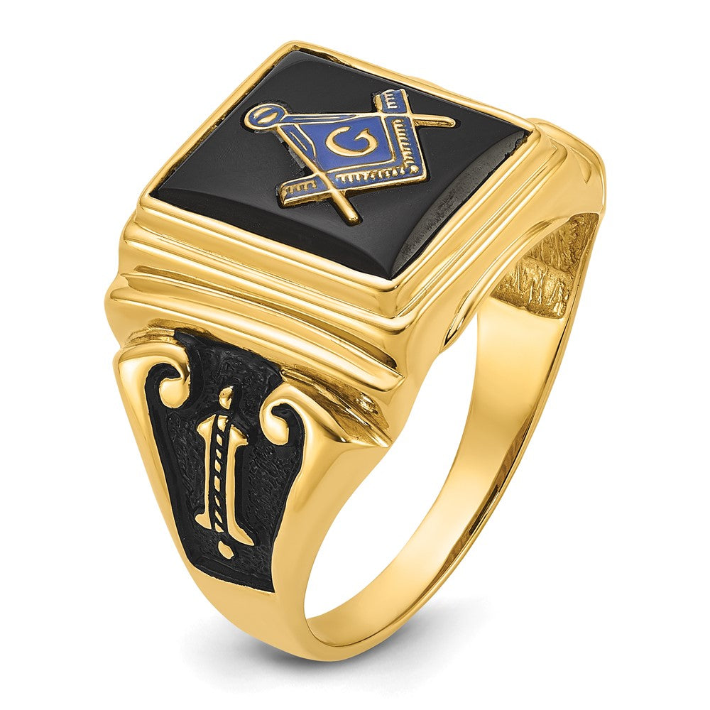 14k Men's Polished and Textured with Black Enamel and Onyx Masonic Ring