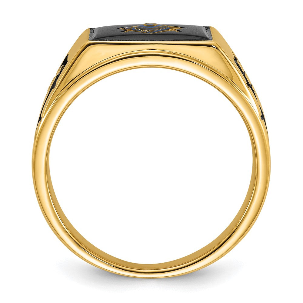 14k Men's Polished and Textured with Black Enamel and Onyx Masonic Ring