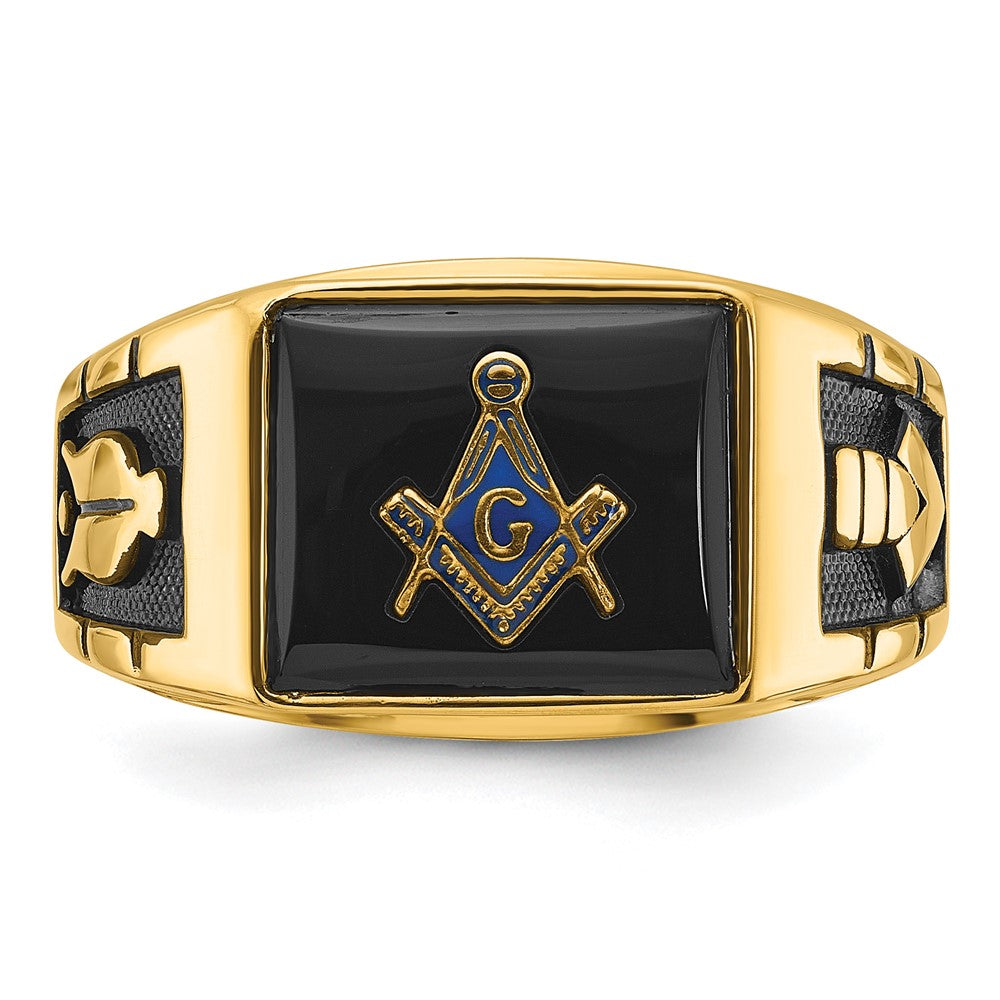 14k Men's Polished and Textured with Black Enamel and Onyx Masonic Ring