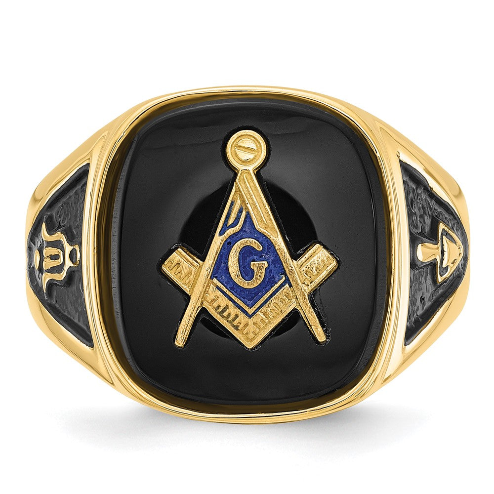 14k Men's Polished and Textured with Black Enamel and Onyx Masonic Ring