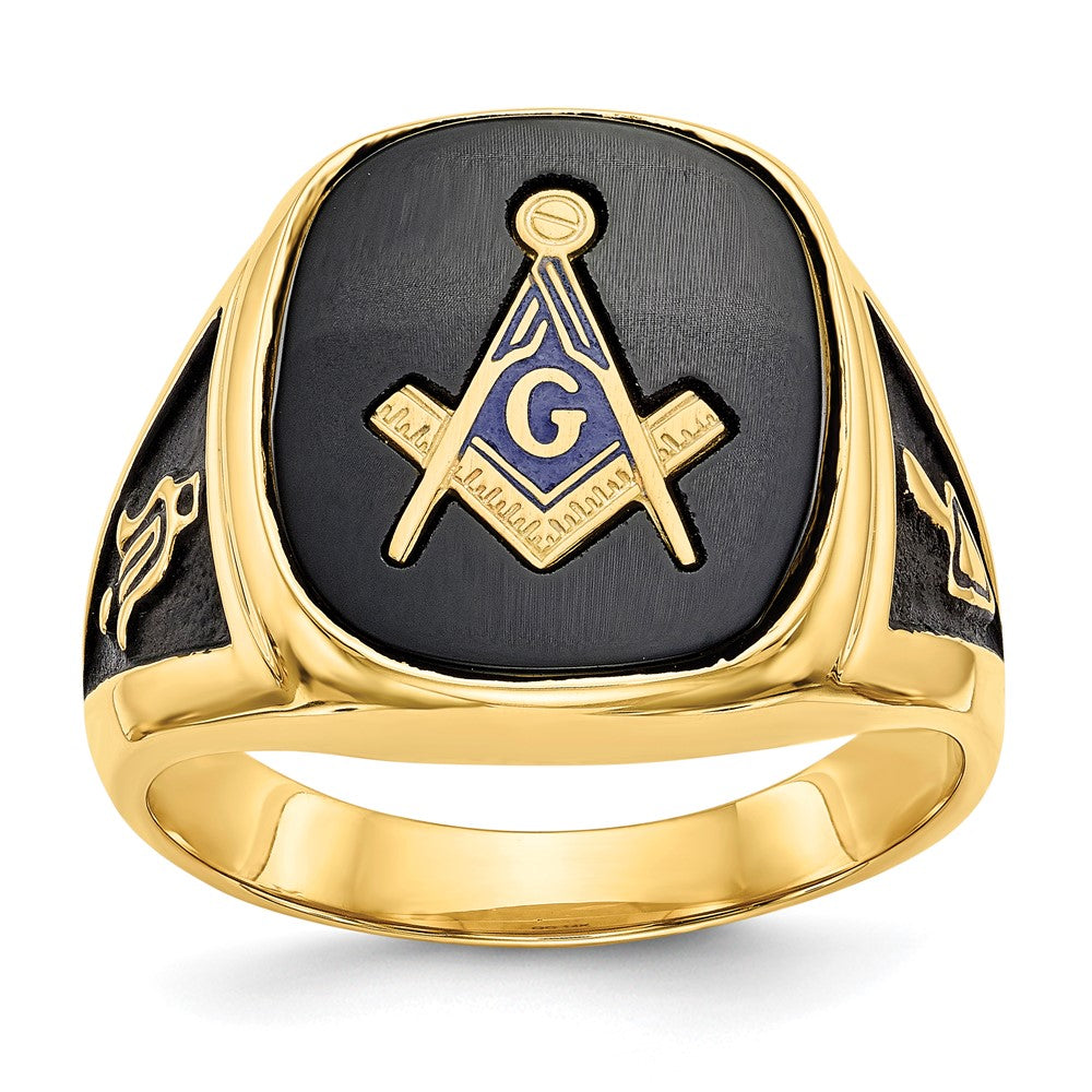 14k Men's Polished and Textured with Black Enamel and Onyx Masonic Ring