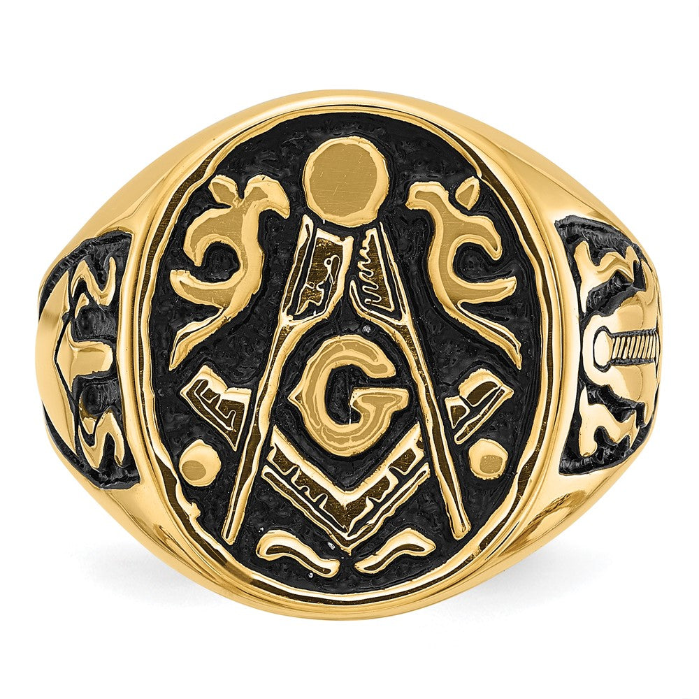14k Men's Polished and Grooved with Black Enamel Masonic Ring