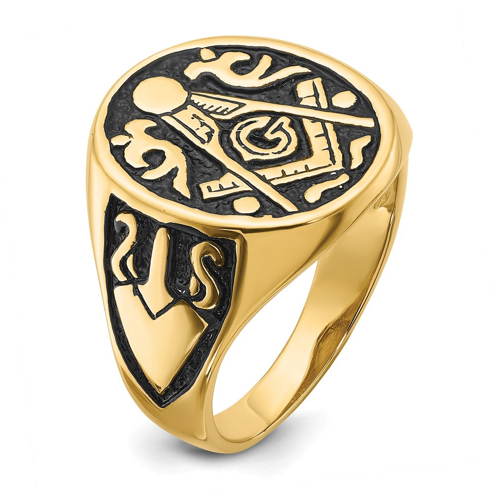 14k Men's Polished and Grooved with Black Enamel Masonic Ring