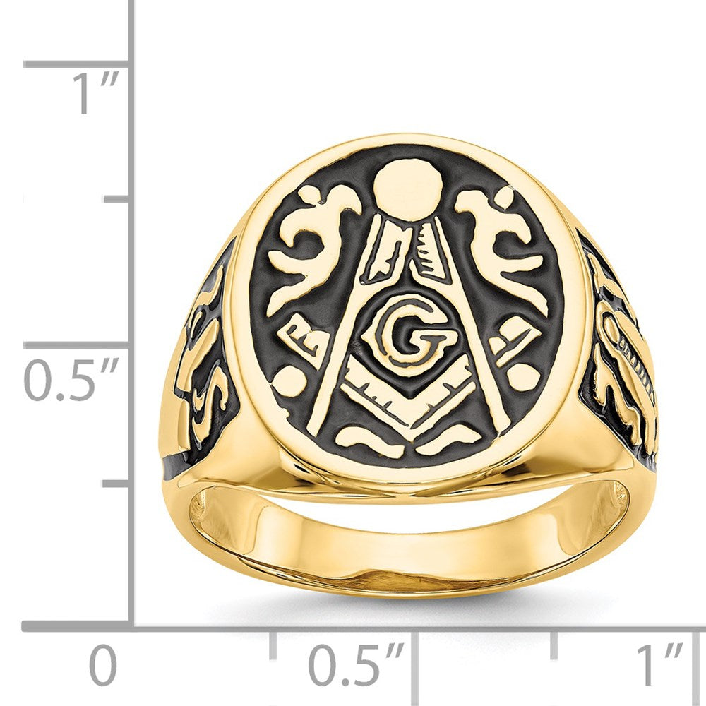14k Men's Polished and Grooved with Black Enamel Masonic Ring