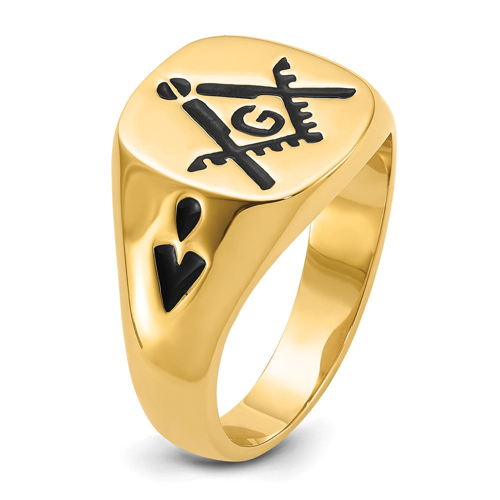 14k Men's Polished and Grooved with Black Enamel Masonic Ring