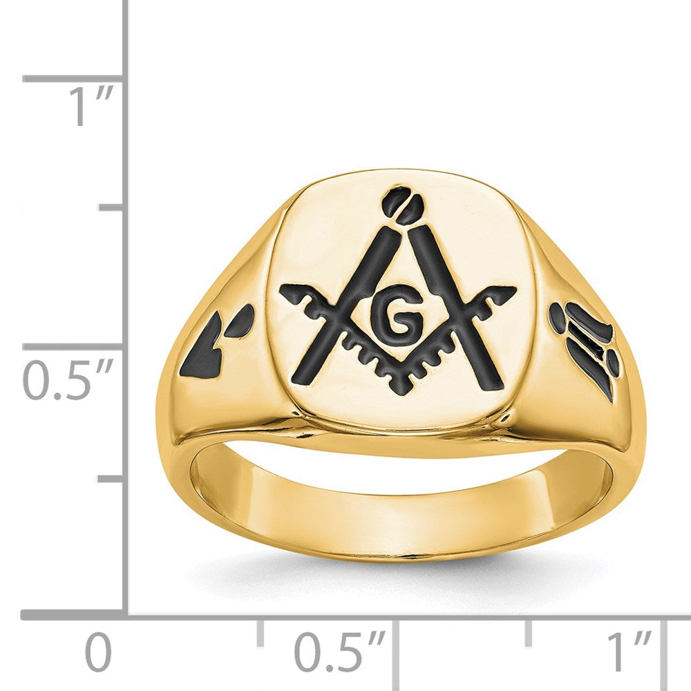 14k Men's Polished and Grooved with Black Enamel Masonic Ring
