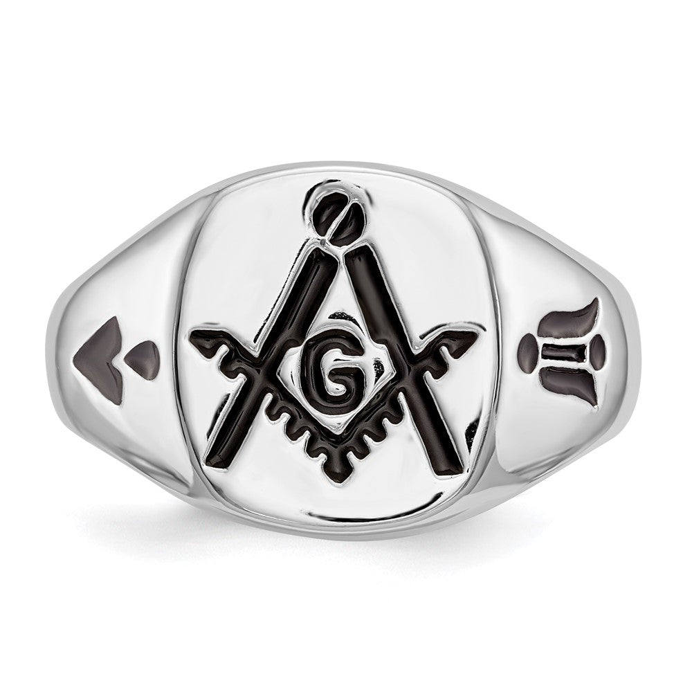 14k White Gold Men's Polished and Grooved with Black Enamel Masonic Ring
