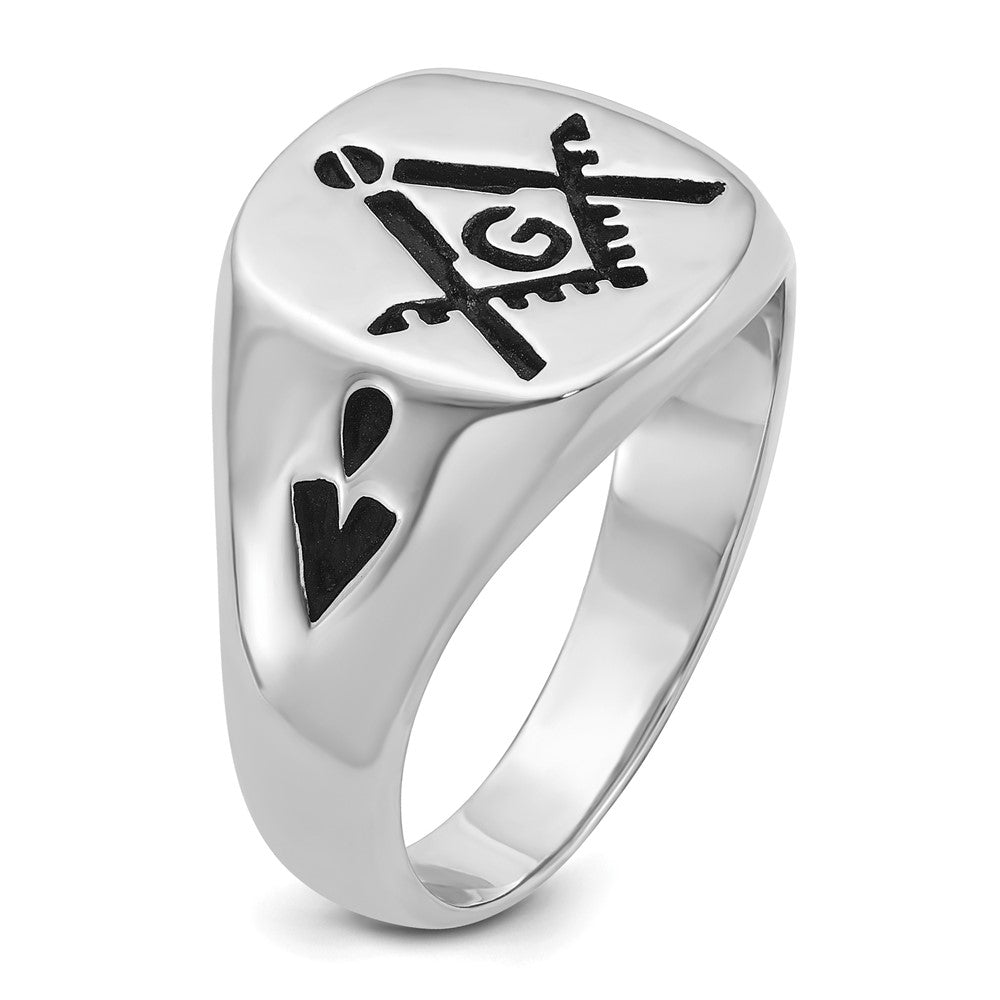 14k White Gold Men's Polished and Grooved with Black Enamel Masonic Ring