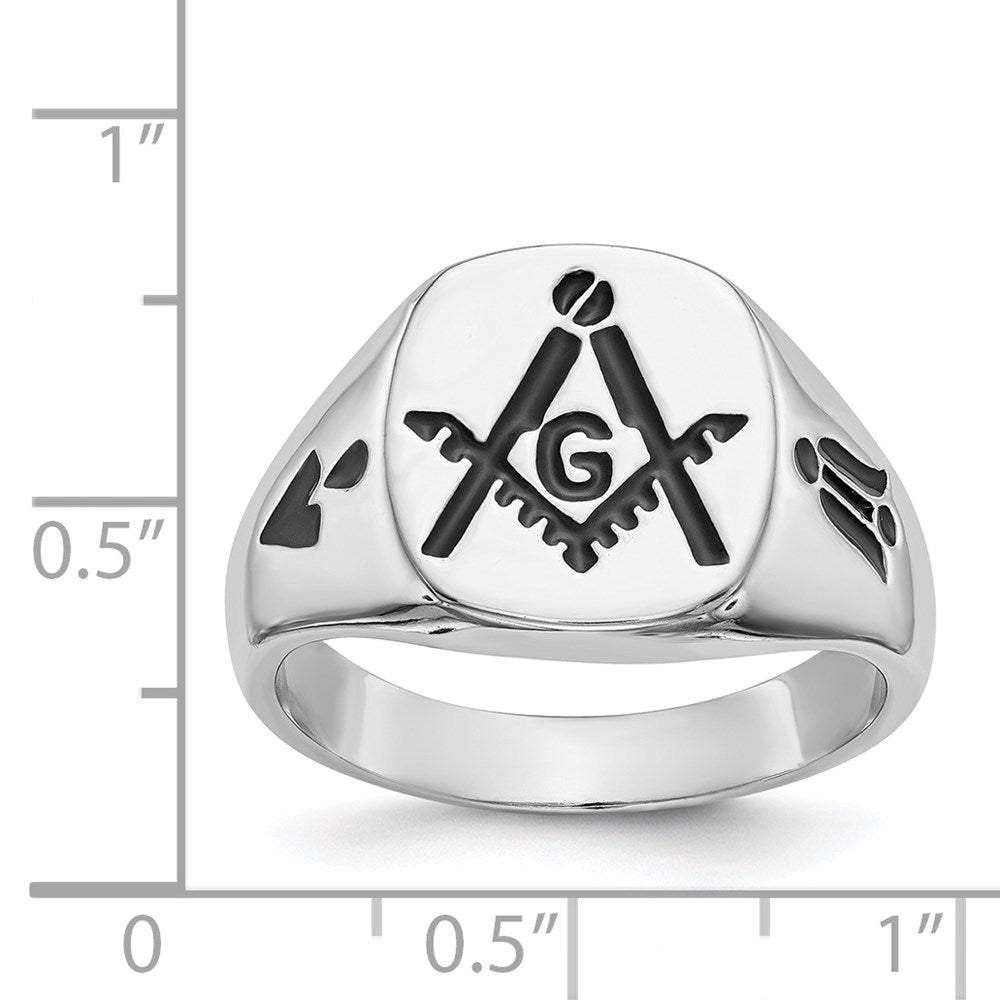 14k White Gold Men's Polished and Grooved with Black Enamel Masonic Ring